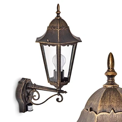 Image of Outdoor Wall lamp Hong Kong with Motion Detector, Light Upwards in Antique Look, cast Aluminium Brown/Gold Clear Glass panes, for Yard, E27 Socket, Retro/Vintage, Without Bulb