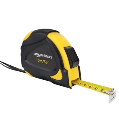 Image of Amazon Basics Self Locking Tape Measure, Metric Scale, MID Accuracy, 10 m (1 Pack), Black, Yellow