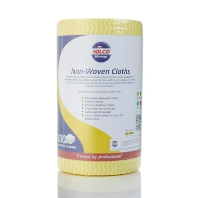 Image of Nilco Professional Non Woven Cleaning Cloth Roll, 100 Extra Strong Yellow Sheets for Heavy Duty Wet &amp; Dry