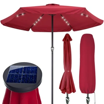 Image of Kingsleeve® Athens 3.3m Aluminium Garden Parasol with LED Solar Lighting and Protective Cover 330cm UV Protection 80+ Large Hexagonal Round Tiltable Patio Balcony Umbrella Red