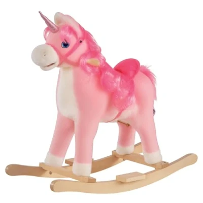 Image of HOMCOM Kids Plush Rocking Horse Ride On Unicorn w/Sound Moving Mouth Wagging Tail Children Rocker Toy Gift 3 6 Years Pink