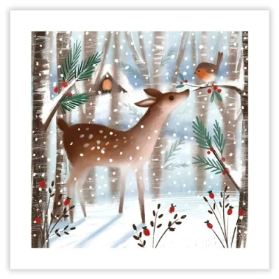 Image of Christmas Cards Pack of 8 Deer and Robin Winter Forest Scene Artistic Design by Catherine Worsley Eco Friendly Made in the UK