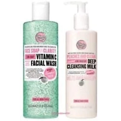 Image of (2 PACK) Soap &amp; Glory Face Clarity 3 in 1 Daily Detox Vitamin C Facial Wash x 350ml Peaches Clean 4 Off Deep Cleansing Milk