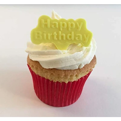 Image of 6 Yellow Sugar &quot;Happy Birthday&quot; Cake Decorations Edible, Unique and Made with Love in The UK!