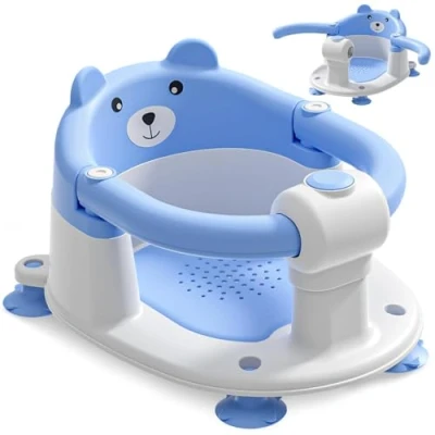 Image of EzyWay Baby Bath Seat for Babies 6 Months &amp; Up, Toddler Seats Sitting Non Slip Infant Tub Chair with 4 Suction Cups Soft Cushion Shower (Blue)