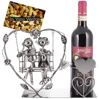 Image of BRUBAKER Bottle Holder Heart Love Couple on a Swing Romantic Stand Wedding Favours with Greeting Card for Wine Gift