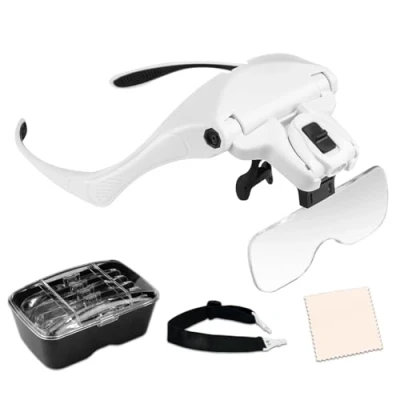 Image of MOACC Magnifying Glasses with Light, Hands Free Headband Magnifier 2 LED and 5 Detachable Lenses 1X to 3.5X, Head for Reading, Jewelry Loupe, Electronic Watch Repair