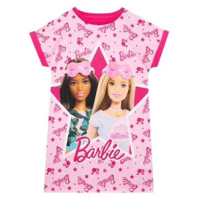 Image of Barbie Nightdress Girls Short Sleeve Pyjamas Fashionista Nightie Pink 7 8 Years