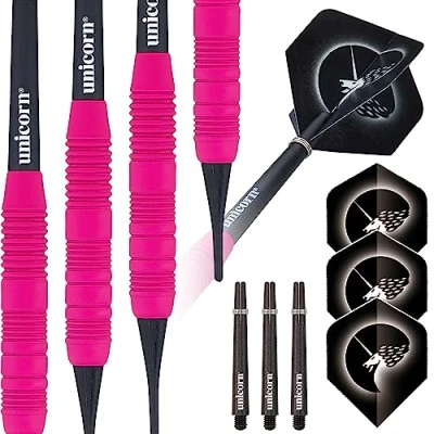 Image of Unicorn Soft Tip Darts Set Core Plus Smooth Comfortable Rubberised Brass Barrels Pink 17 g