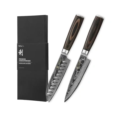 Image of Wakoli EDIB Essentials Kitchen Knife Set, 2 Piece Chef and Santoku Made from 67 Layers Genuine Damascus Steel with VG10 Core, Knives Set for Pakkawood Handle in Gift Box
