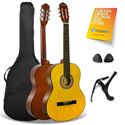 Image of 3rd Avenue XF Full Size 4/4 Classical Spanish Starter Beginner Pack Acoustic Guitar with Nylon Strings, Gig Bag, Capo and Picks Natural