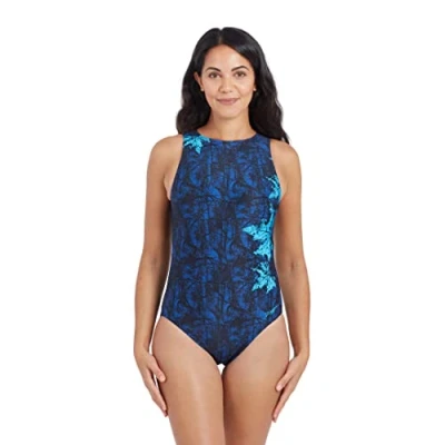 Image of Zoggs Hi Front Women One Piece Swimsuit, Shelf Bra, Black Blue, 32