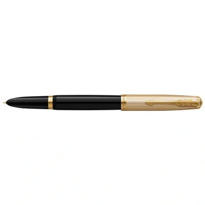 Image of Parker 51 Fountain Pen Deluxe Black Barrel with Gold Trim Fine 18k Nib Ink Cartridge Gift Box