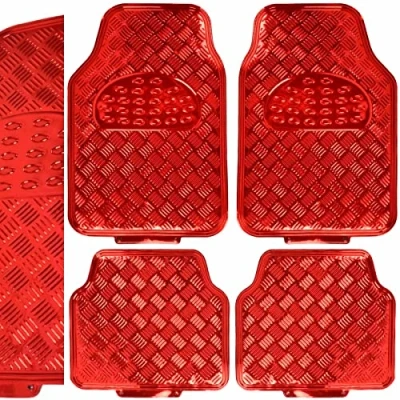 Image of Metallic Checker Plate Design Car Floor Mats 4 Piece Set of Heavy Duty All Weather with Rubber Backing Fits SUV (Chrome Red)