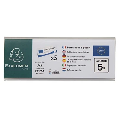 Image of Exacompta Ref 85358D Name Tag Display Stand Suitable for A5 Paper Folded Landscape, Made from PMMA (Acrylic) Material Clear Transparent (Pack of 5)