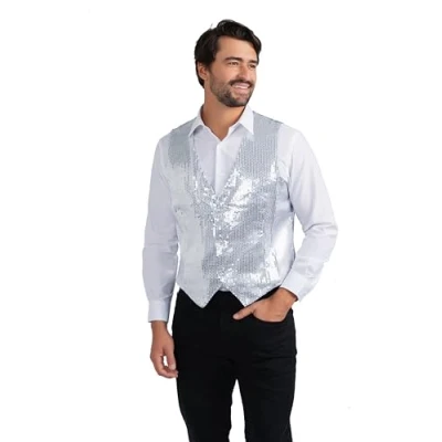 Image of Dress Up America Sequin Vest Adults Shiny Dance Sparkly Waistcoat For Men And Women Silver Party Costume