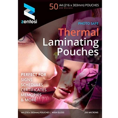 Image of Zentesi A4 Laminating Pouches High Gloss Laminator Sleeves 250 Micron (125 + 125 Microns) Glossy Laminate Pouch Sheets Pack of 50