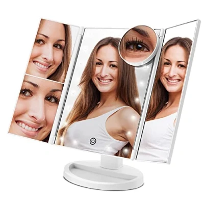Image of PORTENTUM Makeup Mirror with Lights: 21 LED Vanity Touch Screen Tri Fold, 1X/2X/3X/10X Magnification, 180 Rotation Ideal for Dressing Table or