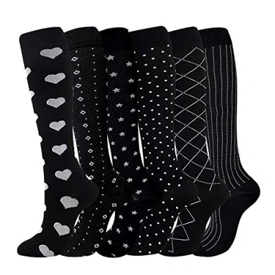 Image of YYW Compression Socks for Women Men Circulation Novelty Calf 6 Pairs Ideal Running Sports Nurses Flight Travel Pregnancy 20 25 mmhg (Black, S M)
