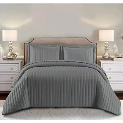 Image of Householdfurnishing 3 Piece Quilted Bedspread Bed Embossed Bedding Set Throw Comforter with Pillow Shams (Grey, Super King)