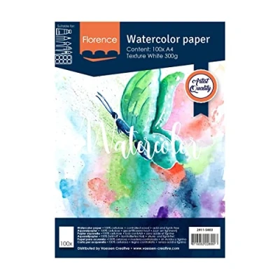 Image of Vaessen Creative Florence Watercolour Paper A4, White, 300 GSM, Artist Grade Quality, Textured Surface, 100 sheets for Painting, Handlettering, Art Projects and More