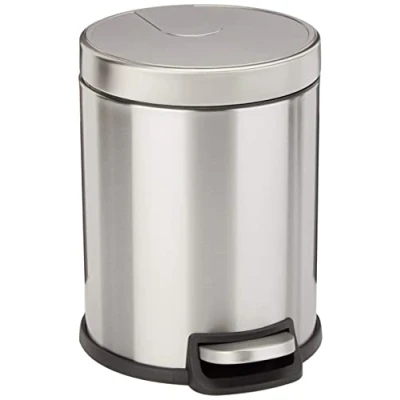 Image of Amazon Basics Round Cylindrical Soft Close small Trash Can With Foot Pedal for Bathroom and space, 5 Liter/1.3 Gallon, Brushed Stainless Steel