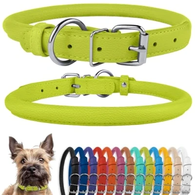 Image of CollarDirect Rolled Leather Dog Collar, Soft Padded Round Puppy Handmade Genuine Collar Small Large Cat Collars Black Pink Red Purple Blue (Fits 9&quot; 12&quot; Neck, Lime Green)