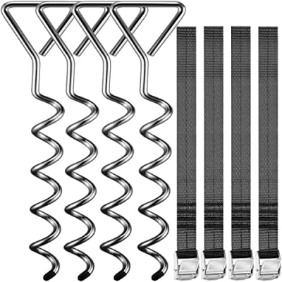 Image of Monzana Set of 4 Screw in Ground Anchors 42.5cm 2000lbs, 900 KG Swing Trampoline Garden House Play Tower Steel Screws 250cm Adjustable Safety Belts