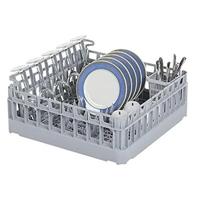 Image of Multi Purpose Commercial Dishwasher Basket (500mm) with Glass Recliner, Cutlery and Plate Insert. Removable Accessories for Washing Glassware, Plates Cutlery, Gray, 500x500x180mm