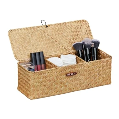 Image of Relaxdays Storage Box, with Lid, Seagrass, 3 Compartments, Versatile Storage, HxWxD: 11 x 33 12.5 cm, Basket, Natural