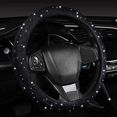 Image of Women Fashion Black Velvet Bling Steering Wheel Cover with Diamonds, 15 inch Standard Glitter Rhinestone Car Sparkling, Full Covered