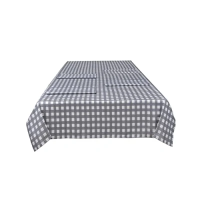 Image of Sleepdown Gingham Printed Decorative 100% Cotton Half Panama Table Cloth for Dining Durable Stain Resistant Cover Grey 137cm x 229cm