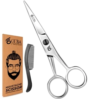 Image of OCBA Beard Scissor Professional Moustache Scissors Ear and Nose Hair Trimming Stainless Steel, Safety Use for Eyebrows