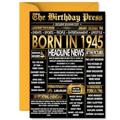 Image of Gold 80th Birthday Card for Men Women Black &amp; Golden Newspaper Born in 1945 Happy 80 Cards Grandad Uncle Nanny Dad Wife Nan, A5 Bday Greeting