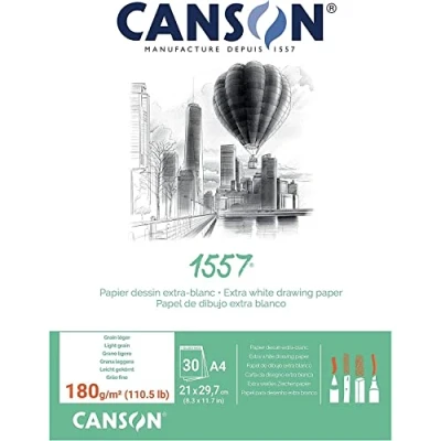 Image of CANSON 1557 180gsm A4 White Drawing Paper Pad, Light Grain, Glued Short Side, 30 Extra Sheets, Ideal for Professional Artists &amp; Students