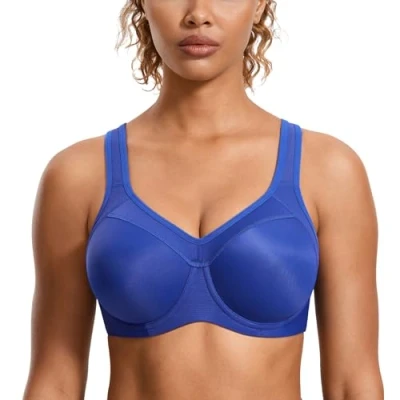 Image of SYROKAN Women&#039;s High Impact Sports Bra Underwire Full Support Racerback Padded Running Waves Blue 40B
