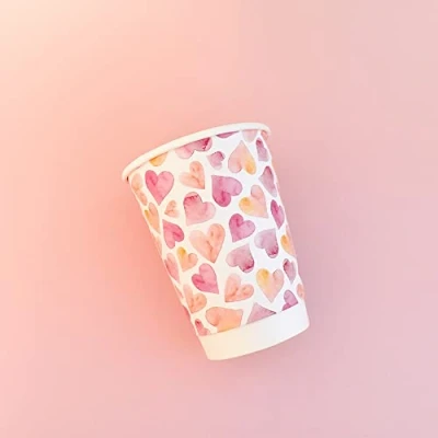 Image of Valentines Day Paper Cups 12oz Hot Drink Disposable Printed Takeaway Coffee Cup Watercolour Hearts Design (100)