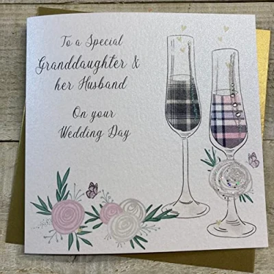 Image of White Cotton Cards GRANDDAUGHTER &amp; HUSBAND TARTAN FLUTES WEDDING CARD, HAND FINISHED (D192)