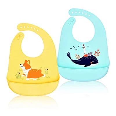 Image of FILOWA Baby Bibs Silicone Feeding for Babies Weaning Waterproof Wide Food Crumb Catcher Pocket Unisex Kids Soft Easily Wipe Clean Cute Animal Design Machine Washable No Mess Grade,2 Pieces