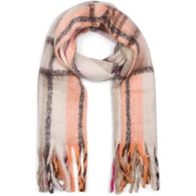 Image of styleBREAKER Women&#039;s woven knitted scarf with stripe pattern and long thick fringes, warm winter multicoloured 01017157, Colour:Taupe Orange Pink