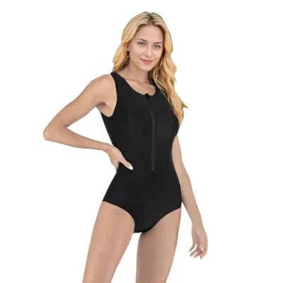 Image of Beachkini One Piece Swimsuit for Women Sleeveless Swimwear with Front Zip Triangle Rash Guards,27,3XL