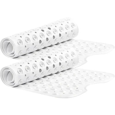 Image of Oxford Homeware Shower Bath Mat Non Slip Anti Mould White 100x40 cm 2 Pack for Bathtub and Bathroom with Drain Holes Strong Suction Cups Machine Washable Mats