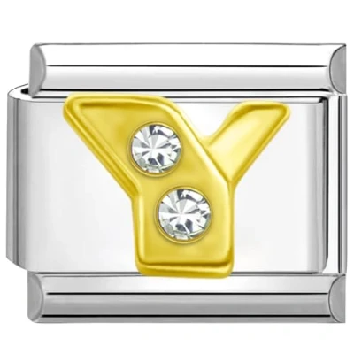 Image of Quiges 9mm Italian Style Charm Link Module Stainless Steel Zirconia Gold Alphabet Letter Y for Bracelets