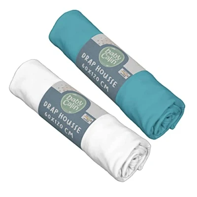 Image of BabyCalin Set of 2 Fitted Sheets 60x120x15cm Tropical Blue/White OEKO TEX certified