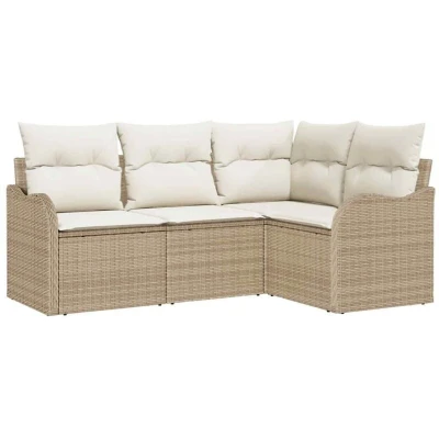 Image of vidaXL 4 Piece Garden Sofa Set with Cushions Beige Poly Rattan