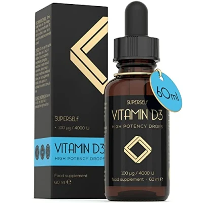 Image of Vitamin D Drops D3 4000 IU Liquid for Adults 60ml 1200 High Strength &amp; Absorption Supplement Strong Bones, Teeth, Immune System Vit 1000IU per 1 Drop UK Made Vegetarian