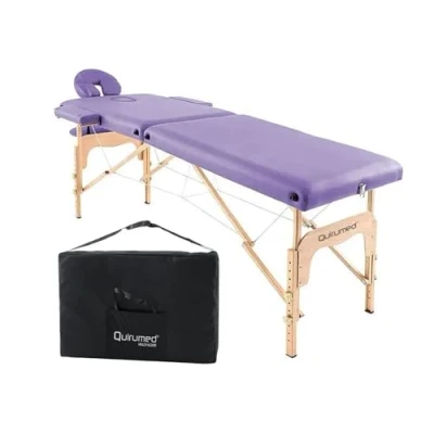 Image of QUIRUMED Easy Wooden Folding Massage Table, Purple Color, 186 x 66 cm, Physiotherapy Massage, Leatherette, Articulated Head, Adjustable Height, 2 bodies