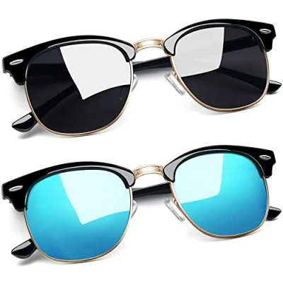 Image of Joopin Semi Rimless Polarized Sunglasses Man, UV400 Protection Half Frame Mirrored Classic Horn Rimmed Sun Glasses for Men Women (Brilliant Black+Blue)