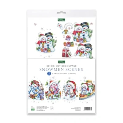 Image of Katy Sue Snowmen Scenes Die Cut Decoupage Pack. 12 Pre Paper Sheets for Christmas Card Making Supplies Featuring Images of Snowmen, Toppers, &amp; Sentiments