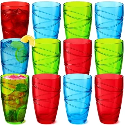 Image of volila Plastic Drinking Glasses 12 Pack Acrylic Tumbler Reusable and Shatterproof Picnic Glass Stackable for Daily Use, Parties (12 Coloured)